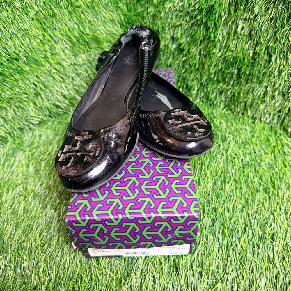 Tory Burch Reva Ballet Flats Black Patent Leather Logo Medallion Size 7 11158540